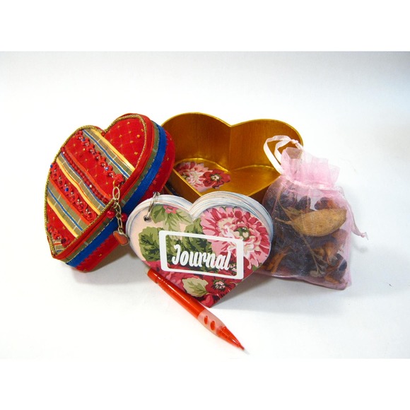 Vintage Fabric Embellished Trinket Jewelry Keepsake Box with Mini Journal Diary - Picture 1 of 9